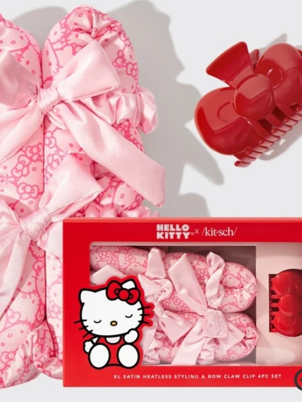 Kitsch X Hello Kitty XL Satin Heatless Styling & Bow Claw Clip 4-PC Set